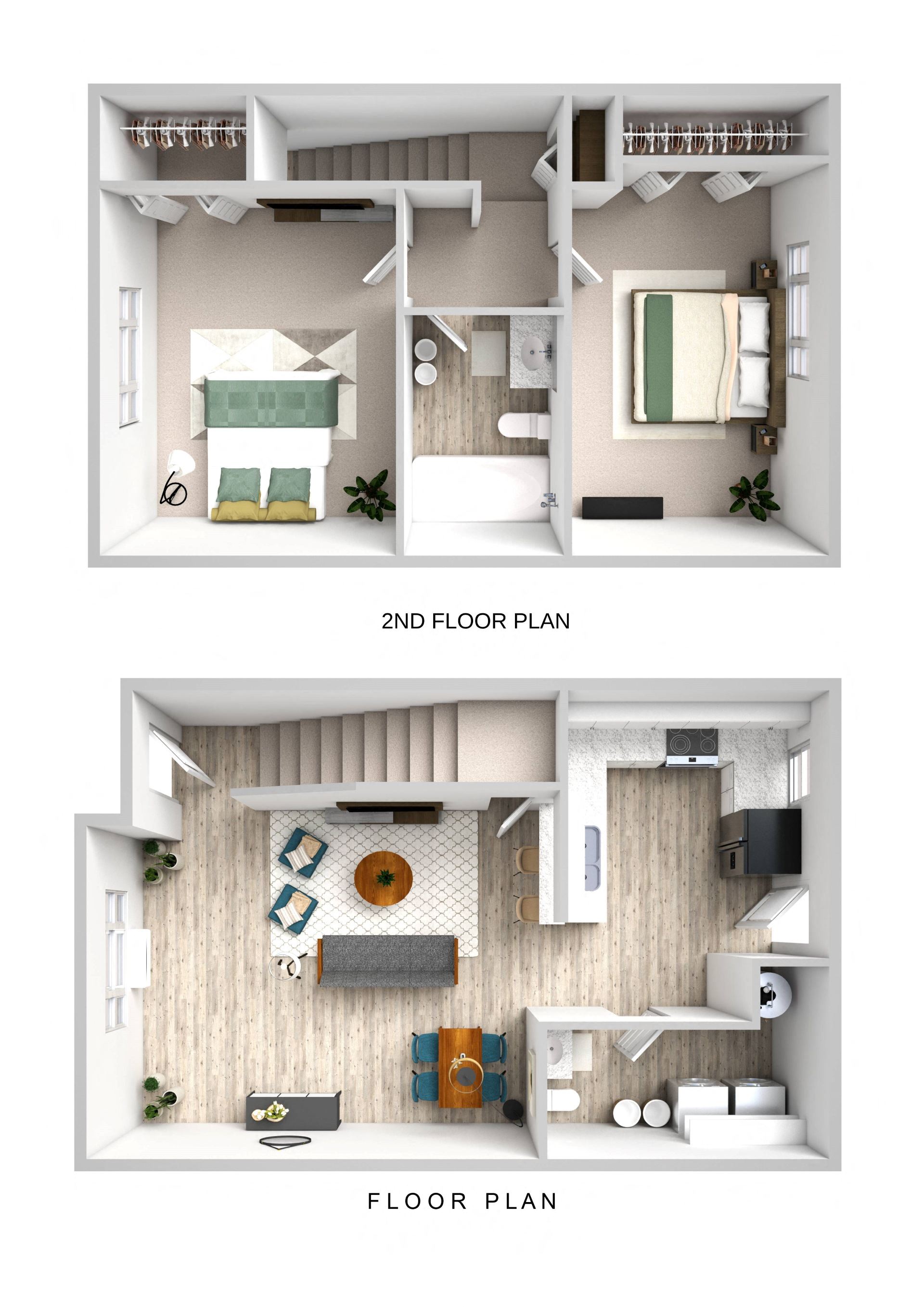 Floor plan for 2 beds, 1.5 baths, 1000 sqft